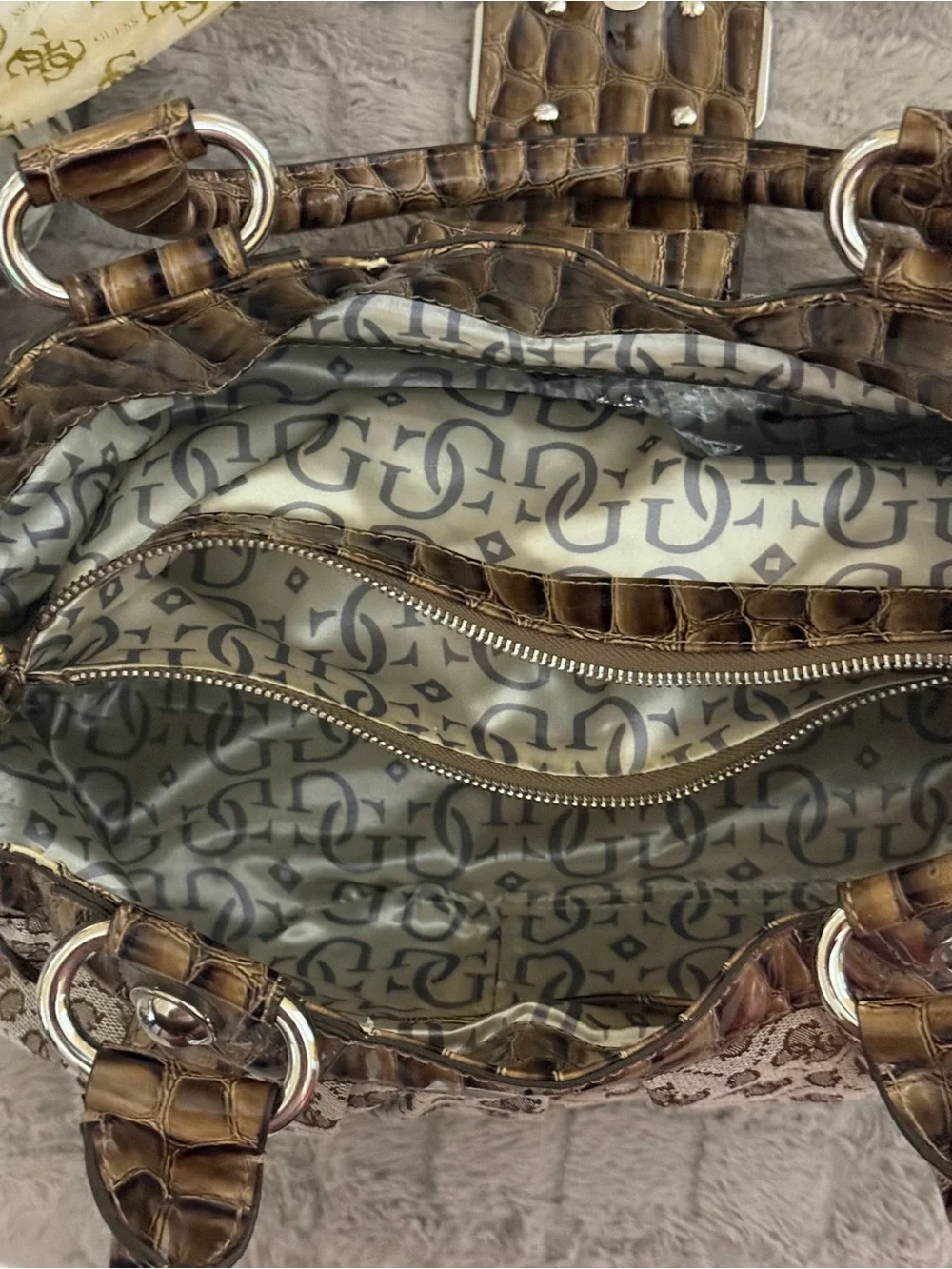 Vintage Guess Brown Monogram Shoulder Bag with Croc-Trim Accents